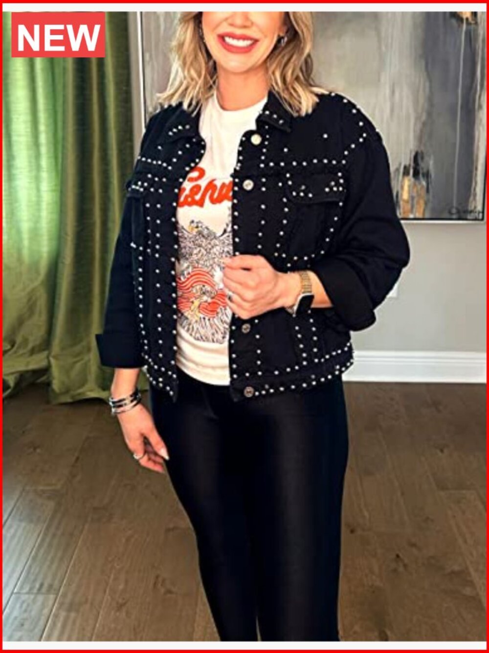Crop Fringe Denim Jacket Distressed Western Studded Black Trucker - Picture 2 of 7